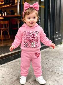 SHEIN Playful Pals 女嬰服裝 媽媽愛心字母印花長袖連帽衫與慢跑褲套裝 秋冬俏皮口號運動服 2件套 粉色 - 粉色 - 查看 1