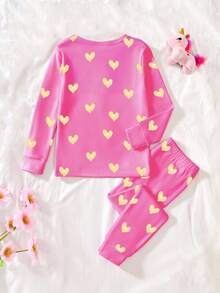 SHEIN Perso Play 一套女婴夜光独角兽印花上衣和贴身爱心图案打底裤睡衣套装 - 粉色 - 查看 2
