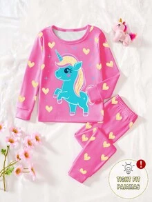 SHEIN Perso Play 一套女婴夜光独角兽印花上衣和贴身爱心图案打底裤睡衣套装 - 粉色 - 查看 3