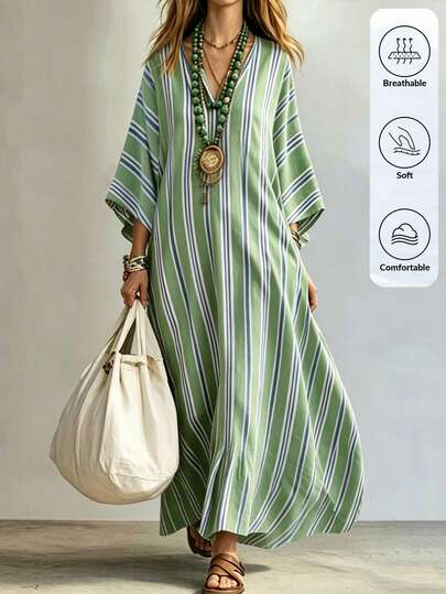 Isle Nomé 2026 Summer Women's V-Neck Vertical Stripe Maxi Dress,Green Striped Printed Fabric,Boho Holiday Vacation Casual Outings Daily Wear Beach