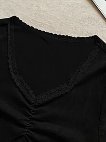 Rina Fox Women's Solid Color Lace Ruffle Fitted Casual T-Shirt - Black - View 4