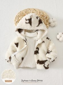 Cozy Pixies 新生兒男嬰女嬰卡通恐龍動物圖案抓絨內裡加厚拉鍊長袖冬季外套，百搭舒適 - 米色 - 查看 7