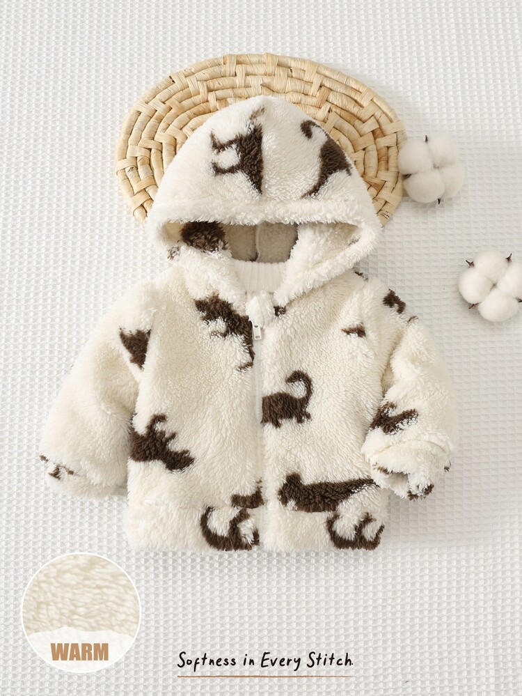 Cozy Pixies Áo khoác mùa đông dài tay khóa kéo dày lót nỉ họa tiết khủng long hoạt hình động vật cho bé sơ sinh trai và gái, đa năng thoải mái - Màu be - Xem 1