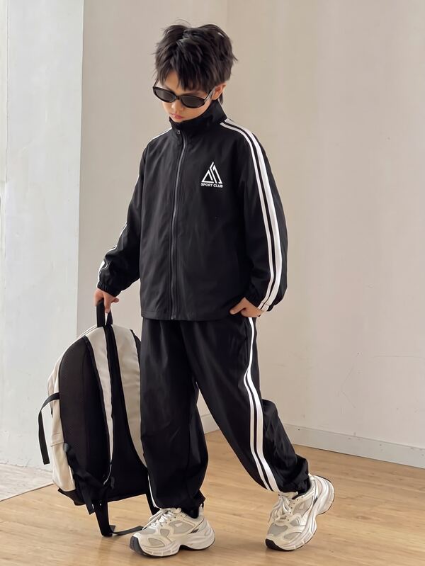 SHEIN 2pcs/Set Kids Tween Boy Casual Sports Pattern Colorblock Webbing Hooded Jacket & Pants Set, Suitable For Commuting, School, Daily Casual, Vacation, Travel, Sports, Autumn/Winter