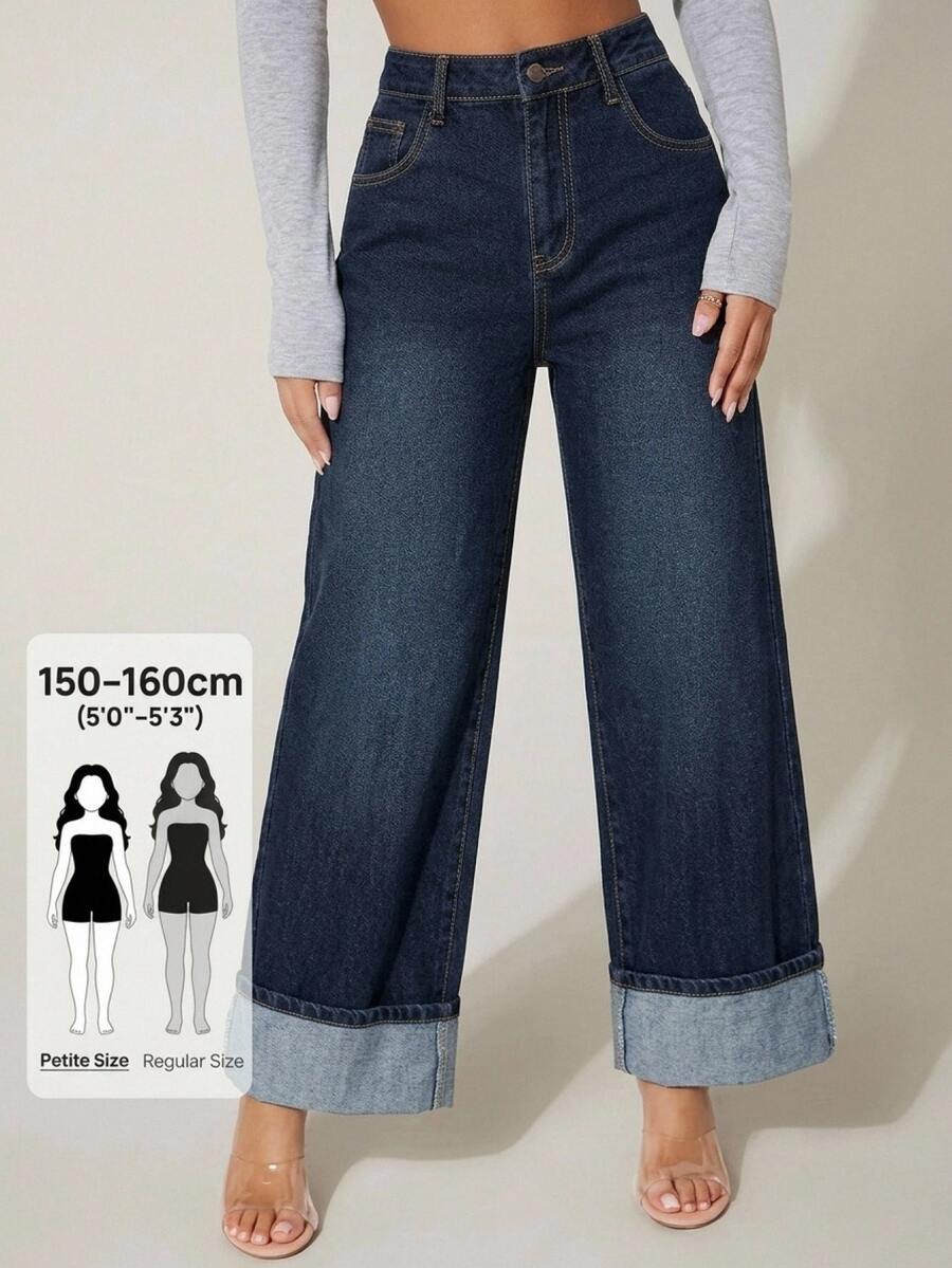 SHEIN PETITE 小碼女款時尚鈕扣口袋寬鬆寬腿牛仔褲 秋季返校教師褲 - 深色水洗藍 - 查看 1