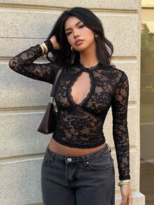 Aloruh Atasan Seksi Lengan Panjang Berenda Hitam dengan Desain Berongga untuk Wanita, Halloween, Pesta di Klub Malam - Hitam - View 6