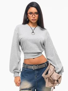 Vadaroq 女士秋冬返校基本款纯色褶皱不对称领长袖套头卫衣 - 灰色 - 查看 4