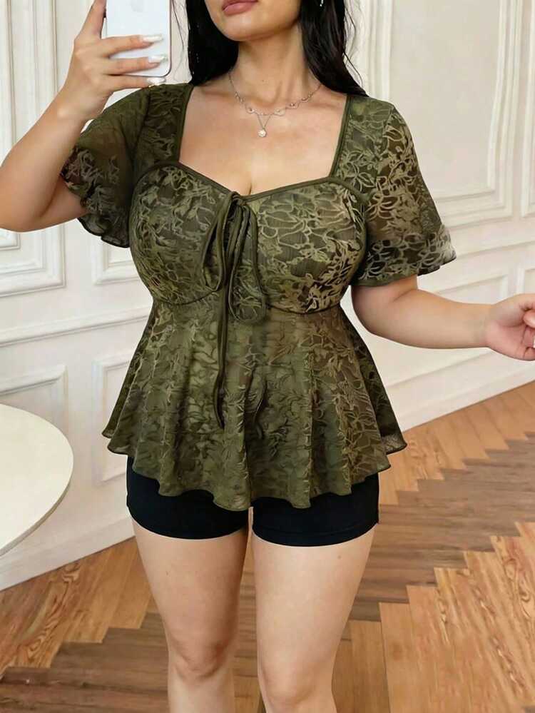 Vibekara Plus Size Women Sweet Heart Collar Ruffle Sleeve Lace Blouse - Army Green - View 3
