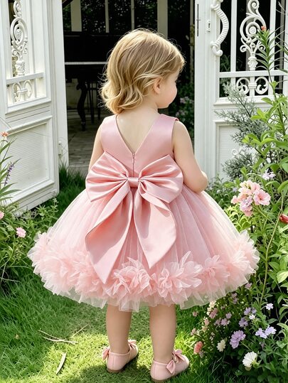 SHEIN Baby Girl Elegant Pink Satin Princess Dress, Infant Deep V-Back Gown With Oversized Bowknot 3D Flower Petals For 1st Birthday Party Wedding