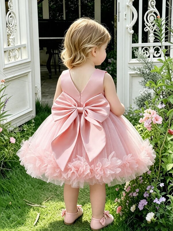 SHEIN Baby Girl Elegant Pink Satin Princess Dress, Infant Deep V-Back Gown With Oversized Bowknot 3D Flower Petals For 1st Birthday Party Wedding