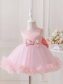 SHEIN Glamorique Kids 女嬰優雅粉色緞面公主禮服，深V露背嬰兒長裙，附超大蝴蝶結與3D花瓣，適合1歲生日派對、婚禮、聖誕節 - 粉色 - 查看 2