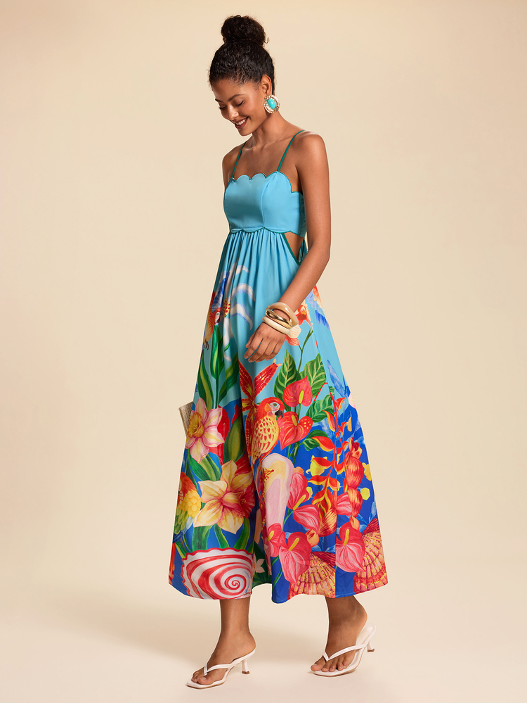 Travachic Women's Floral Print Side Cutout Camisole Dress Vacation Beach Ocean Blue Summer Tropical - Blue - View 6