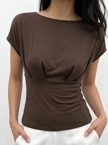 Ontre 2026 New Summer Women's T-Shirt, Fitted Waist, Blue Striped Long Sleeve Top, Knit Fabric, Boat Neck, Pleated Batwing Sleeve, Design-Driven Casual Commute Urban Modern Minimalist Elegant Tea Party Independence Day Old Money Style Teacher Outfit Women's Office Wear Holiday Dress Vacation Date Outfit Women's Outing Wear Fashion Versatile Women's T-Shirt - Coffee Brown - View 6