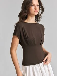 Ontre 2026 New Summer Women's T-Shirt, Fitted Waist, Blue Striped Long Sleeve Top, Knit Fabric, Boat Neck, Pleated Batwing Sleeve, Design-Driven Casual Commute Urban Modern Minimalist Elegant Tea Party Independence Day Old Money Style Teacher Outfit Women's Office Wear Holiday Dress Vacation Date Outfit Women's Outing Wear Fashion Versatile Women's T-Shirt - Coffee Brown - View 3