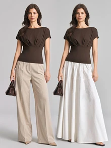 Ontre 2026 New Summer Women's T-Shirt, Fitted Waist, Blue Striped Long Sleeve Top, Knit Fabric, Boat Neck, Pleated Batwing Sleeve, Design-Driven Casual Commute Urban Modern Minimalist Elegant Tea Party Independence Day Old Money Style Teacher Outfit Women's Office Wear Holiday Dress Vacation Date Outfit Women's Outing Wear Fashion Versatile Women's T-Shirt - Coffee Brown - View 2