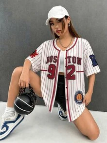 SHEIN EZwear 休闲运动街头风字母撞色条纹英文印花短袖衬衫，纽扣开襟，适合通勤、上学、日常休闲、旅行、运动、节日聚会及各种场合，四季皆宜。 - 彩色 - 查看 4
