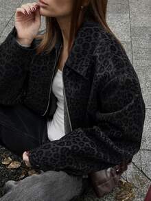 INAWLY 女款豹紋拉鍊休閒百搭日常旅行長袖外套 - 黑色 - 查看 3