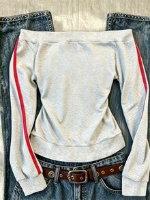 IslaSuriya 女款 Y2K 灰色露肩修身拼接色塊運動衫外套，秋季返校季休閒 06 印花時尚款 - 彩色 - 查看 2