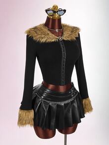 Amplova Y2K街頭風 90s 80s主題女款黑色人造毛拼接拼色毛領短夾克 夜店夜生活秋季外套 - 黑色 - 查看 8