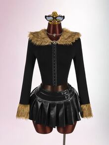 Amplova Y2K街頭風 90s 80s主題女款黑色人造毛拼接拼色毛領短夾克 夜店夜生活秋季外套 - 黑色 - 查看 4