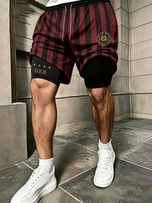 Gym Rark 男士字母條紋抽繩腰雙層運動短褲，健身房適用 - 黑色 - 查看 1