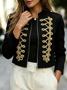 SHEIN New Autumn/Winter Black Long Sleeve Napoleon Style Jacket With Gold Braided Rope And Gold Button Decor, Suitable For Outdoor Occasions - Black - View 6