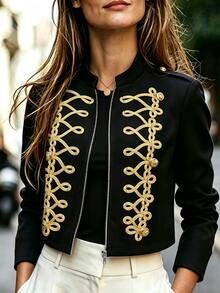 SHEIN New Autumn/Winter Black Long Sleeve Napoleon Style Jacket With Gold Braided Rope And Gold Button Decor, Suitable For Outdoor Occasions - Black - View 4