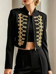 SHEIN New Autumn/Winter Black Long Sleeve Napoleon Style Jacket With Gold Braided Rope And Gold Button Decor, Suitable For Outdoor Occasions - Black - View 2