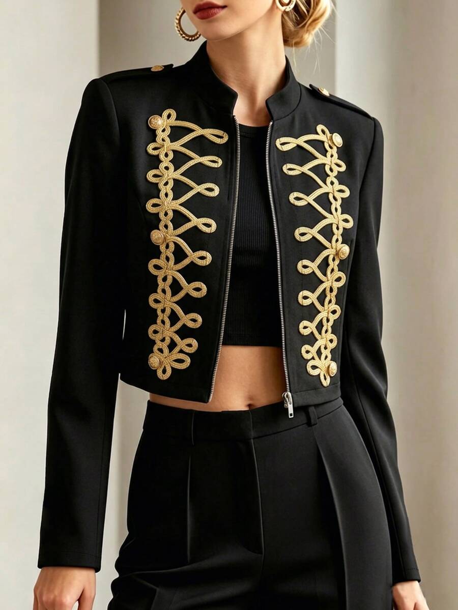 SHEIN New Autumn/Winter Black Long Sleeve Napoleon Style Jacket With Gold Braided Rope And Gold Button Decor, Suitable For Outdoor Occasions
