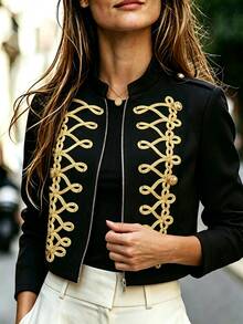 SHEIN New Autumn/Winter Black Long Sleeve Napoleon Style Jacket With Gold Braided Rope And Gold Button Decor, Suitable For Outdoor Occasions - Black - View 5