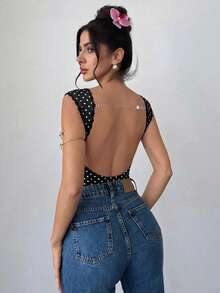 Firerie 女款黑白波點露背修身百搭日常穿著連身衣 夜店之夜 夏季性感 - 黑色 - 查看 4