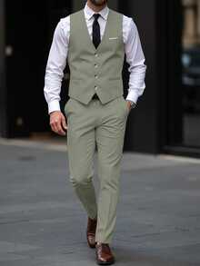 Manfinity Mode Men Business Formal Button Front Vest Suit Blazer And Tailored Pants And Men Vest Suit Clothing 2 Pieces Set For Ceremony - Green - View 3