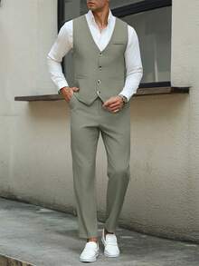 Manfinity Mode Men Business Formal Button Front Vest Suit Blazer And Tailored Pants And Men Vest Suit Clothing 2 Pieces Set For Ceremony - Green - View 6