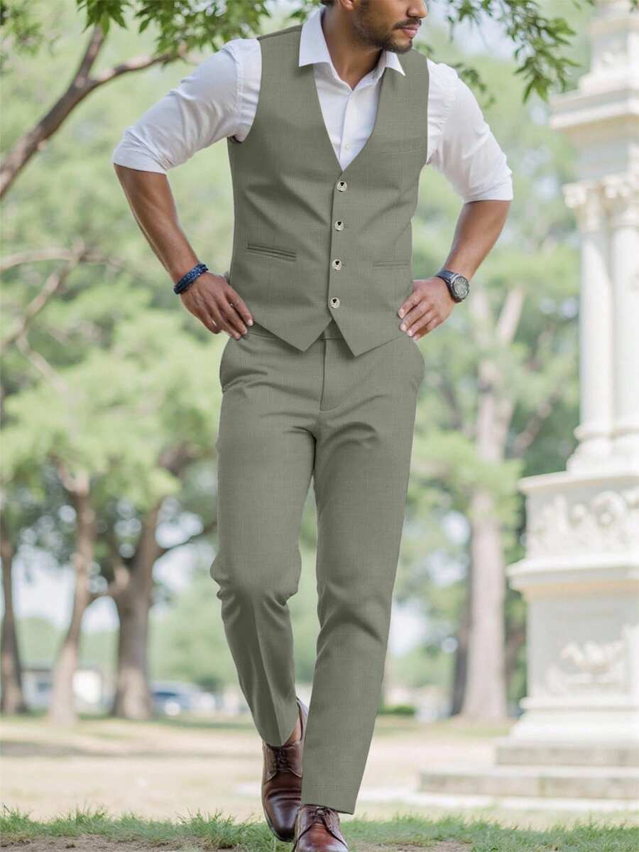 Manfinity Mode Men Business Formal Button Front Vest Suit Blazer And Tailored Pants And Men Vest Suit Clothing 2 Pieces Set For Ceremony - Green - View 1