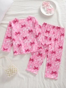 2件組女嬰粉色蝴蝶結印花針織套裝，柔軟保暖長袖上衣與長褲，秋冬節日禮物居家服 - 杏色 - 查看 3