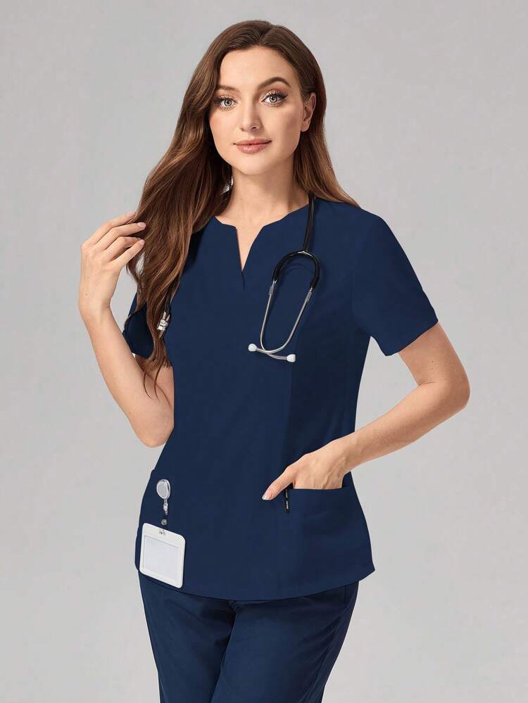 TaskEZ V-Neck Solid Color Short Sleeve Pocket Simple Care Scrub Uniform Top Scrub Set Nurse  Scrub Tops - Navy Blue - View 6