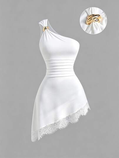 Sweetra Vestido ajustado de un solo hombro con escote asimétrico, cintura ceñida, hebilla metálica única, pliegues en la cintura, corte estilizado, bajo irregular, encaje de pestañas, negro, para mujer joven y madura, estilo vintage romántico minimalista y sexy, primavera verano otoño