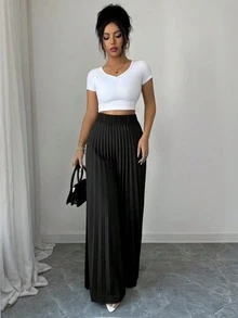 Elenzga 女士纯色简约褶裥休闲裤 - 黑色 - 查看 3