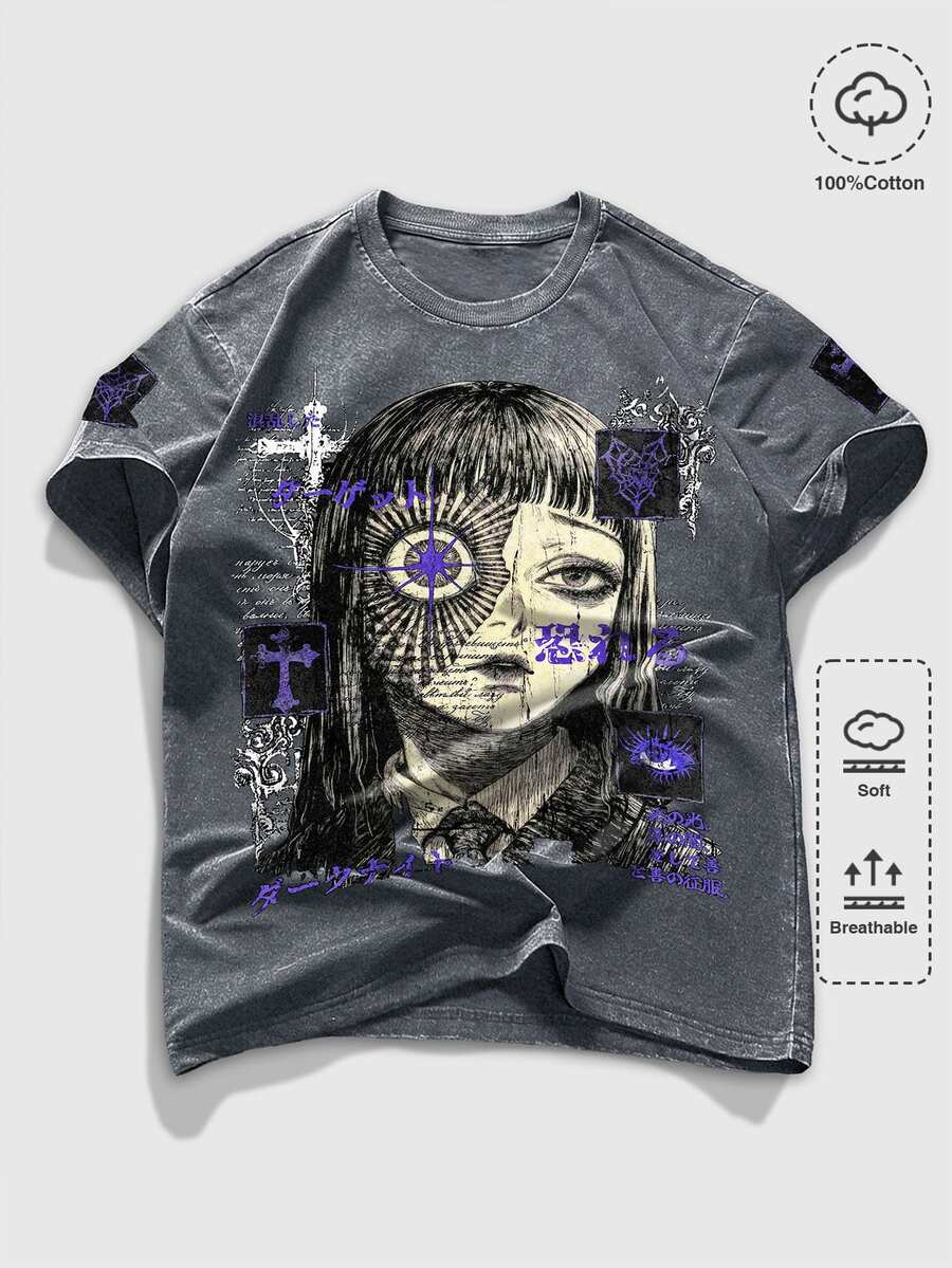 ROMWE MEN Goth Men's Casual Graphic Print Short Sleeve T-Shirt For Daily Wear - Royal Blue - View 1