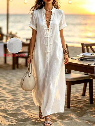SHEIN Holidaya Stand Collar Sleeveless Front Toggle Buttons Side Pocket Maxi Dress, Solid Loose Long Dress For Resort Daily Casual Going Out Cotton Dress