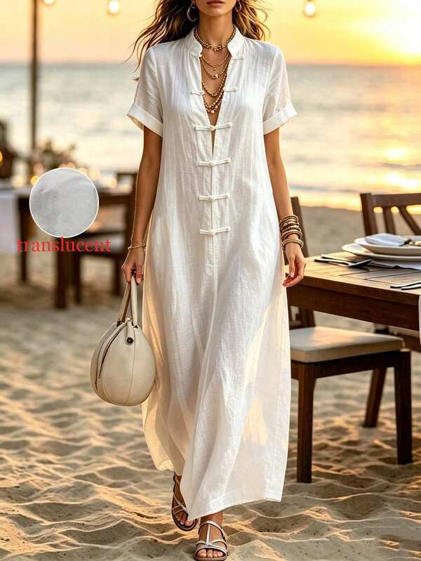SHEIN Holidaya Stand Collar Sleeveless Front Toggle Buttons Side Pocket Maxi Dress, Solid Loose Long Dress For Resort Daily Casual Going Out Cotton Dress