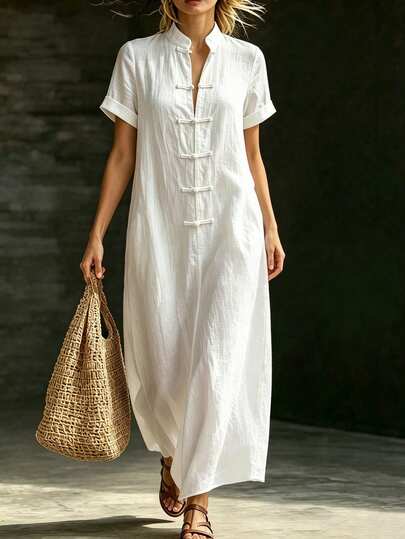SHEIN Holidaya Stand Collar Sleeveless Front Toggle Buttons Side Pocket Maxi Dress, Solid Loose Long Dress For Resort Daily Casual Going Out Cotton Dress