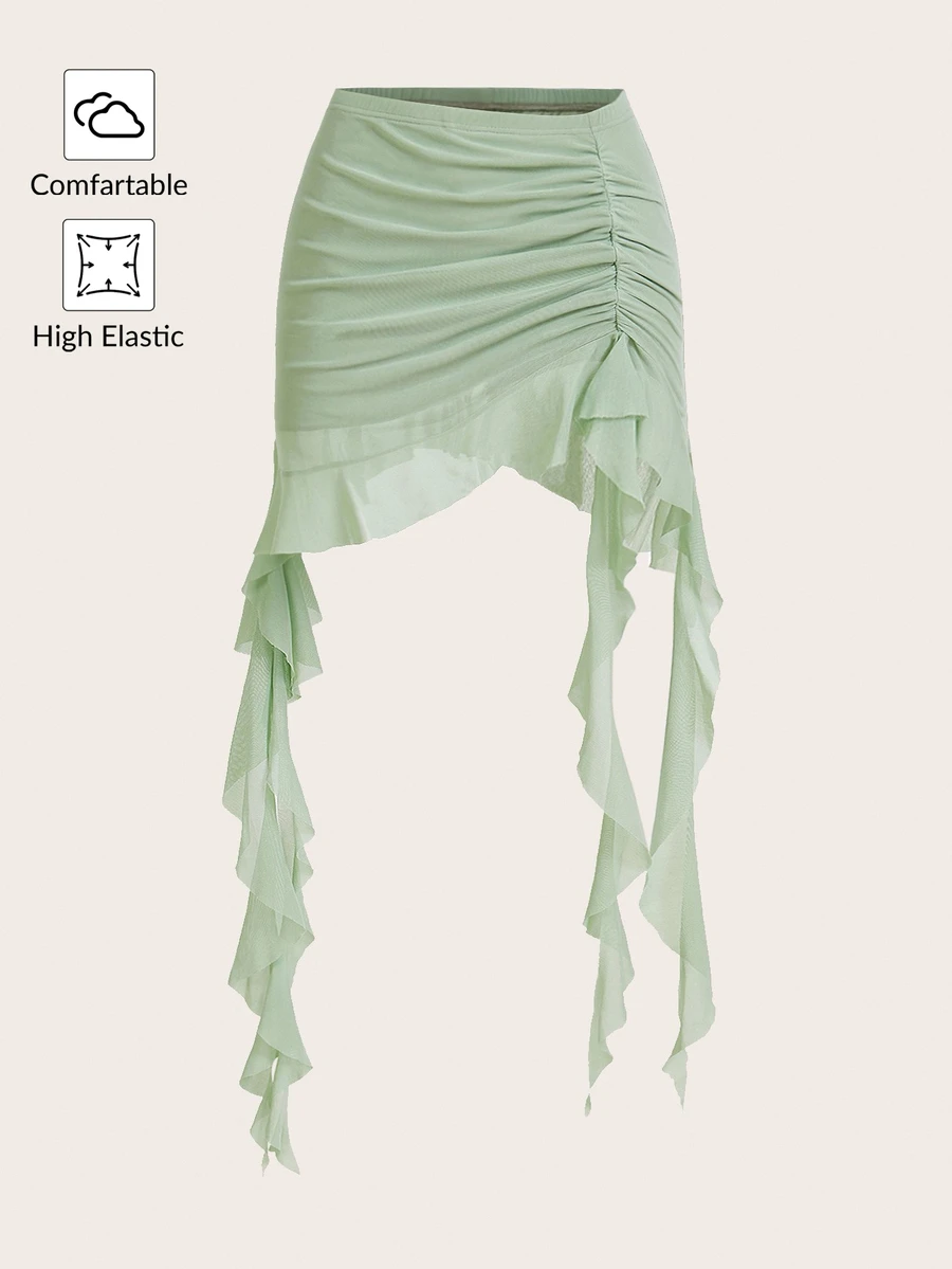 Sweetina Minifalda de malla Y2K linda de primavera con fruncido, ribete de volantes y bajo con volantes - verde menta - Ver 1