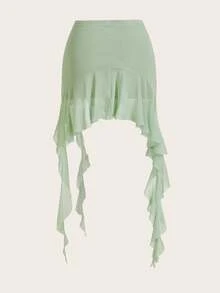 Sweetina Minifalda de malla Y2K linda de primavera con fruncido, ribete de volantes y bajo con volantes - verde menta - Ver 2