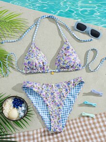 Swim Mod 女款夏季海灘度假甜美可愛可正反穿花卉藍色格紋比基尼泳衣套裝，藍色小花與格紋兩件式比基尼套裝 - 彩色 - 查看 3