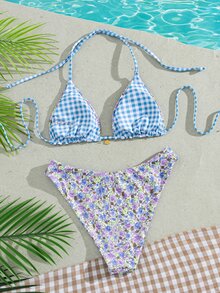 Swim Mod 女款夏季海灘度假甜美可愛可正反穿花卉藍色格紋比基尼泳衣套裝，藍色小花與格紋兩件式比基尼套裝 - 彩色 - 查看 2