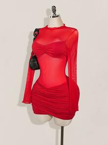 SHEIN ICON 女式纯色网眼拼布透明褶饰长袖迷你连衣裙 - 紅色 - 查看 6