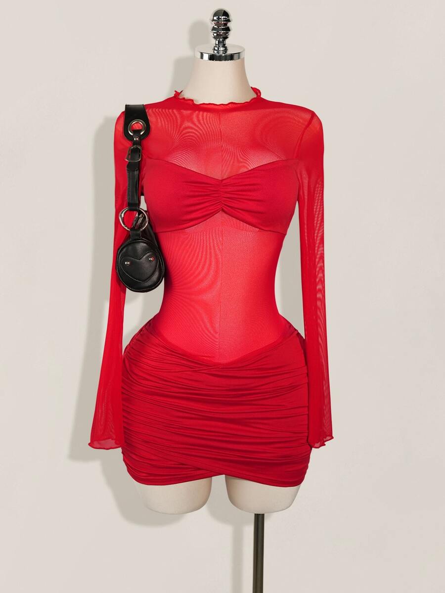 SHEIN ICON 女式纯色网眼拼布透明褶饰长袖迷你连衣裙 - 紅色 - 查看 1