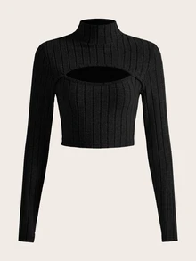 SHEIN ICON 露肩黑色短袖上衣 - 黑色 - 查看 1