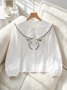 SHEIN Tween Girls 1pc Girls' Ruffle Collar Contrast Trim Blouse Long Sleeve Casual Top Autumn Design Elegant Vacation Wear Tween Girl Clothes Fall Clothes,F - White - View 3
